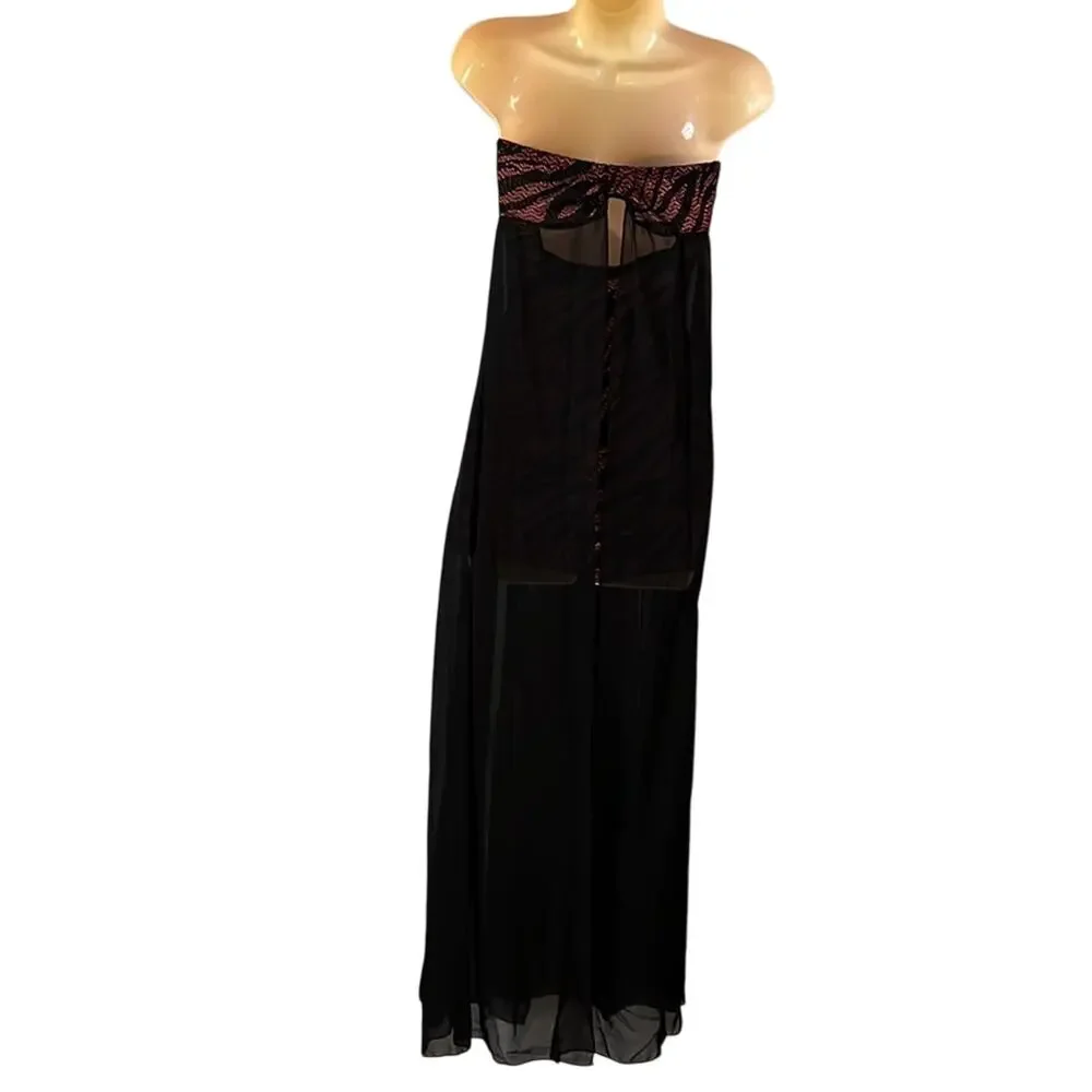 Flamingo Brand Strapless Long Flowy Black Chiffon and pink lace Romper Clubwear